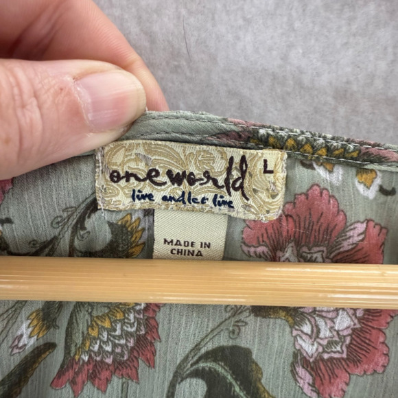 One World Green Floral Lined Sequin Tassel Sheer Blouse Sz L Boho Festival Beach - Picture 4 of 10